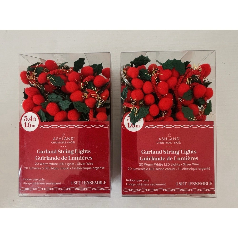 Lot (2) Ashland Christmas Berry Garland String Lights 5.4 Ft LED Battery Timer